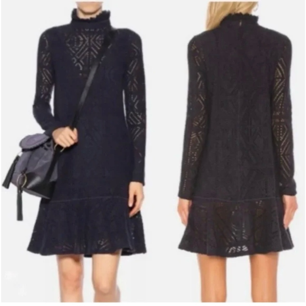 See by Chloe Navy Soft Pointelle Knit Sweater Ruffle Collar  Dress, Medium